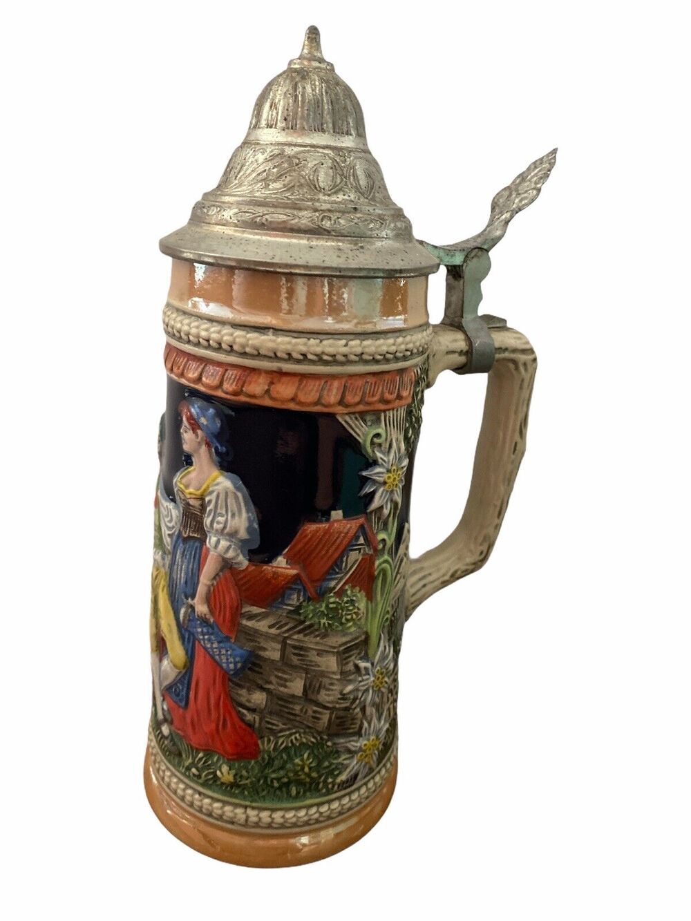 Vintage Gerz German Lidded Beer Stein Drunk Man Bar Maid Scene Stamped Signed